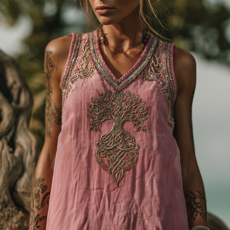 Celtic Tree Of Life Embroidered V Neck Pink Linen Tank
