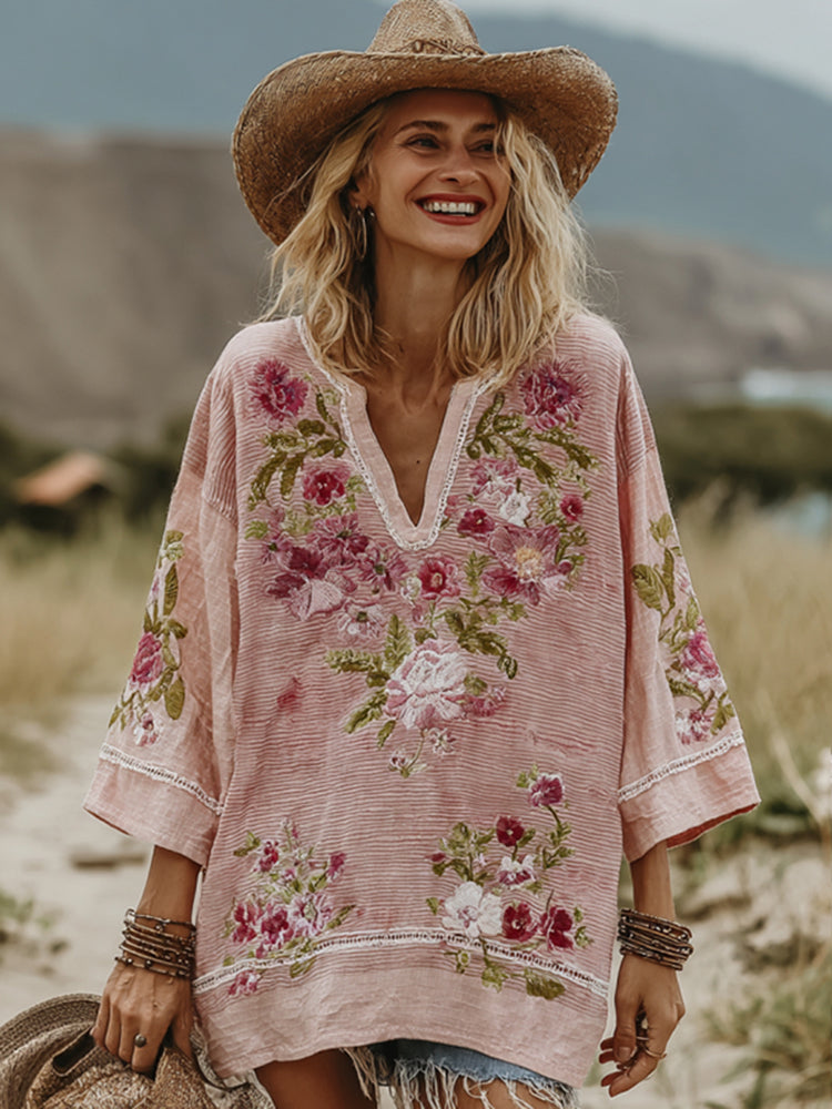 Love & Health Collection Retro Western Women Style Vintage Pink Striped And Floral Patchwork Art Linen Shirt