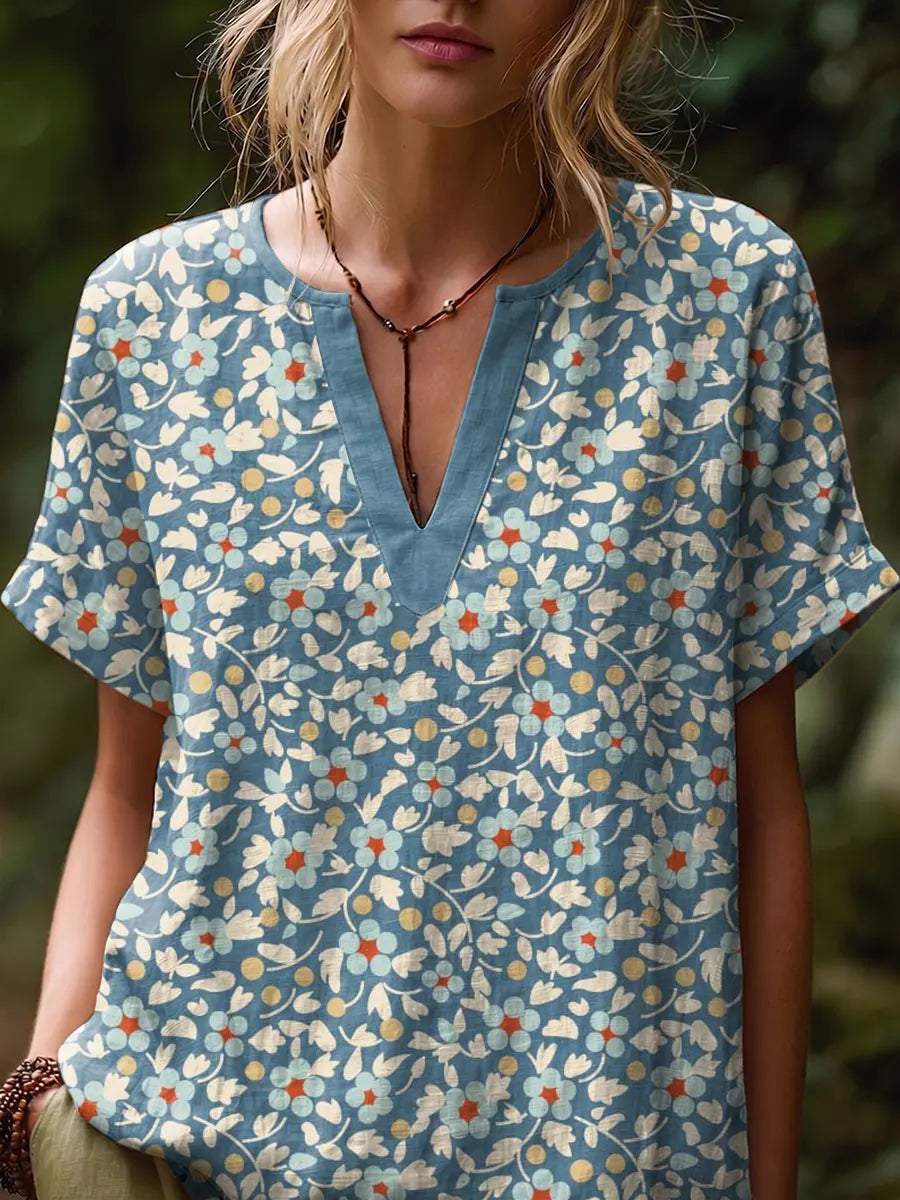 Ethnicity Bohemia Flowers Geometry Women's Art Print Casual Short-sleeve V-neck Cotton Linen Shirt