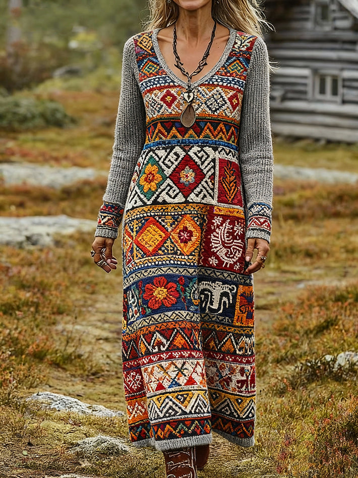 Women's Retro Ethnic Art Print Casual Long-Sleeve V-Neck Cotton Knit Dress