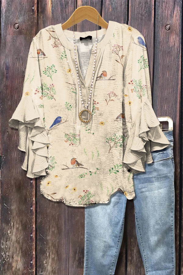 Elegant Robin Floral Print Ruffle Sleeve Top
