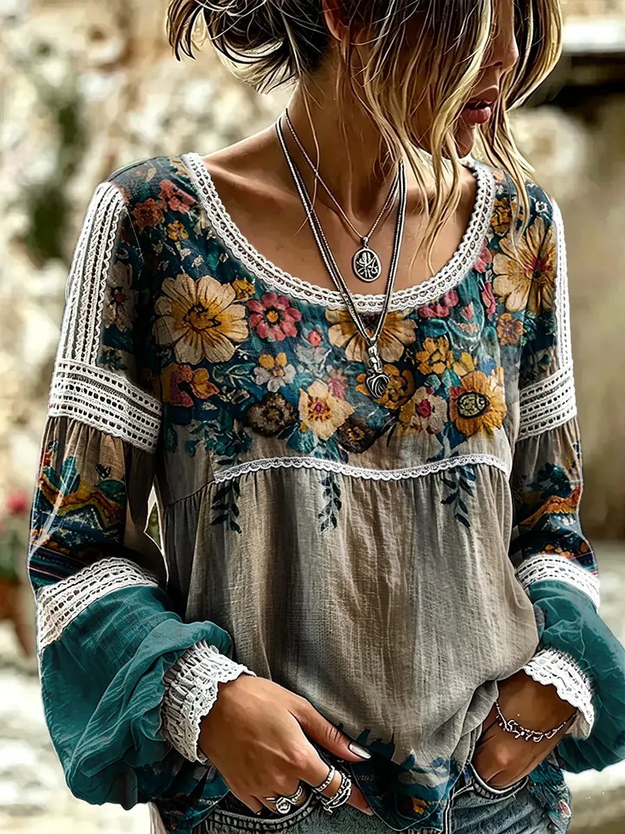 Women's Vintage Ethnic Floral Print Lace Blouse