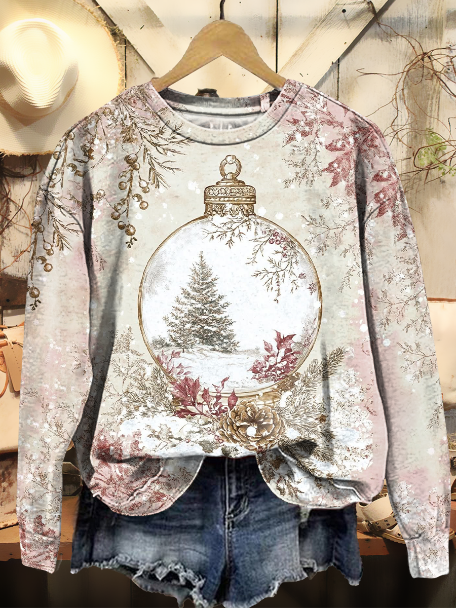 Women's Retro Flower Christmas Tree Art Print Casual Round Neck Pullover Sweatshirt