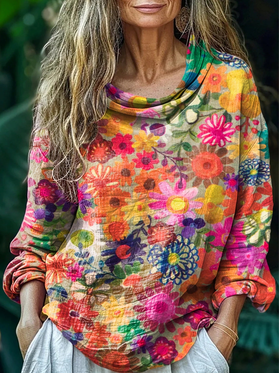 Women's Colorful Flowers Print Stacked Lapel Long Sleeve Cotton Shirt