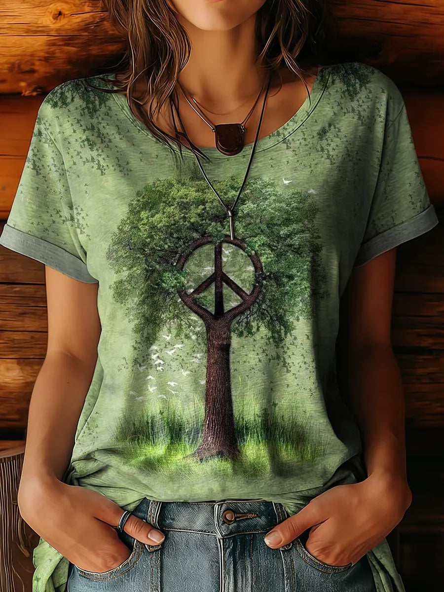 Women's Hippie-print Artwork Crewneck 100% Cotton T-shirt