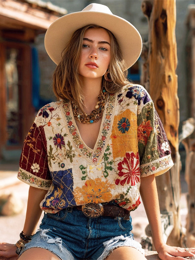 Western Vintage Boho Floral Embroidery Women's Linen V-neck T-shirt 1