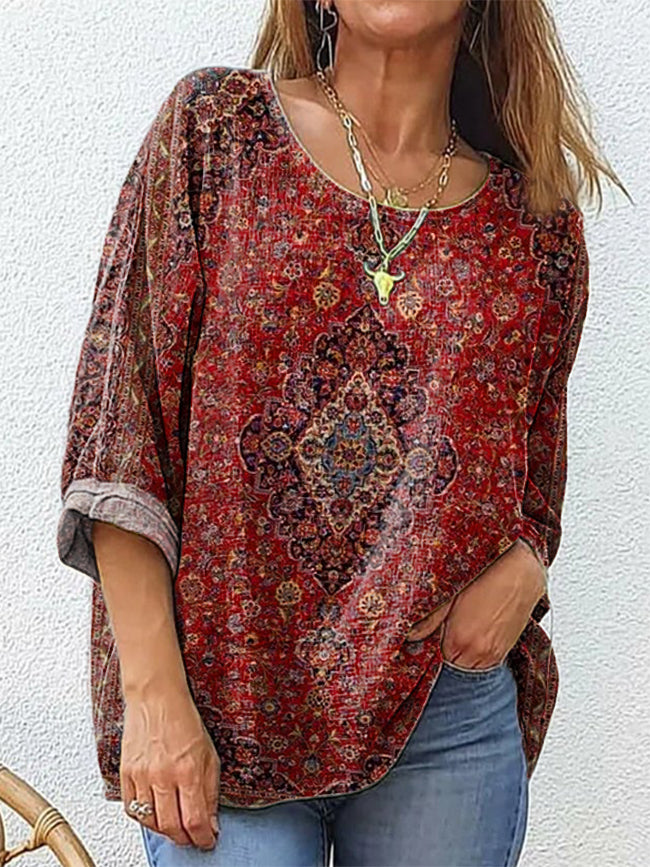 Women's Retro Ethnic Totem Art Print Casual Cotton And Linen Shirt