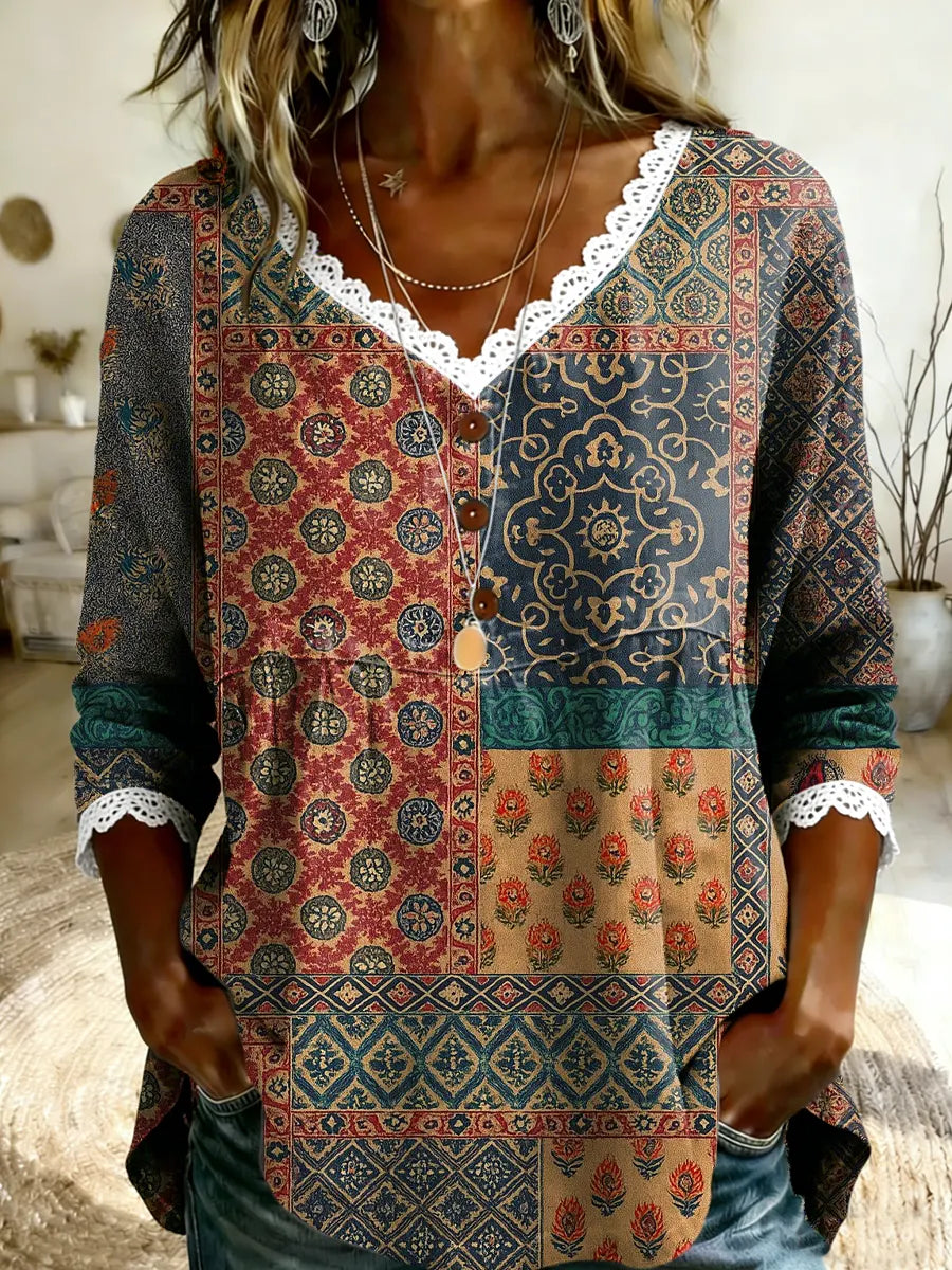Women's Retro Floral Patchwork Art Print V-Neck Lace Trim Shirt