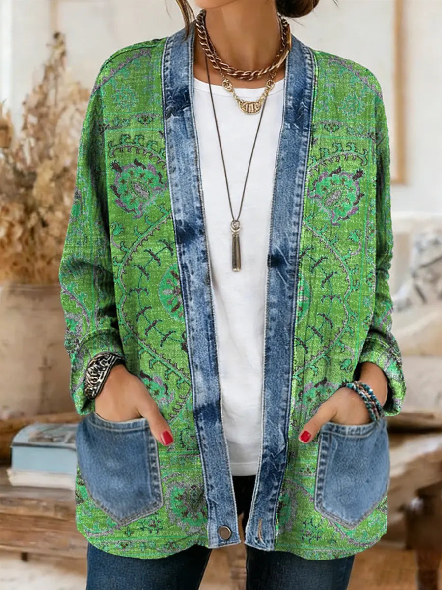 Vintage National Flower Women's Casual Long Sleeve Comfortable Denim Mix Cardigan