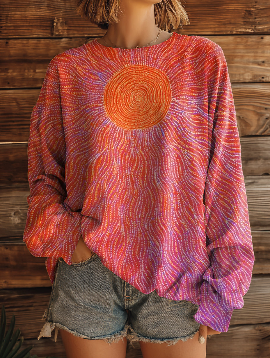 Women's Bohemian Sun Art Pattern Print Casual Crew Neck Sweatshirt
