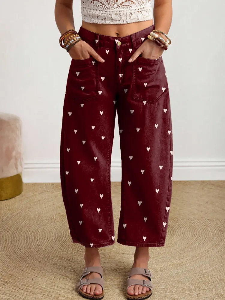 Women's Heart-print Polka Dot Artistic Print Denim Jeans