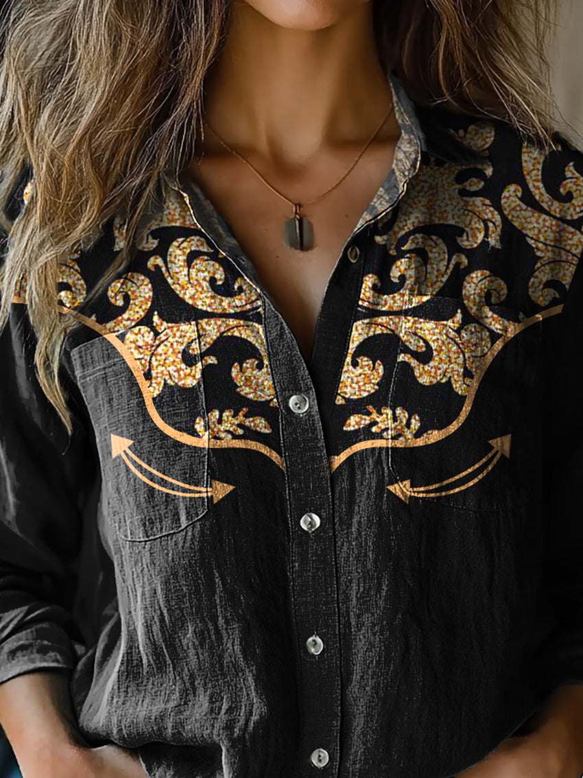 Western Style Glitter Floral Pattern Printed Women's Casual Long Sleeve Comfortable Cotton Shirt