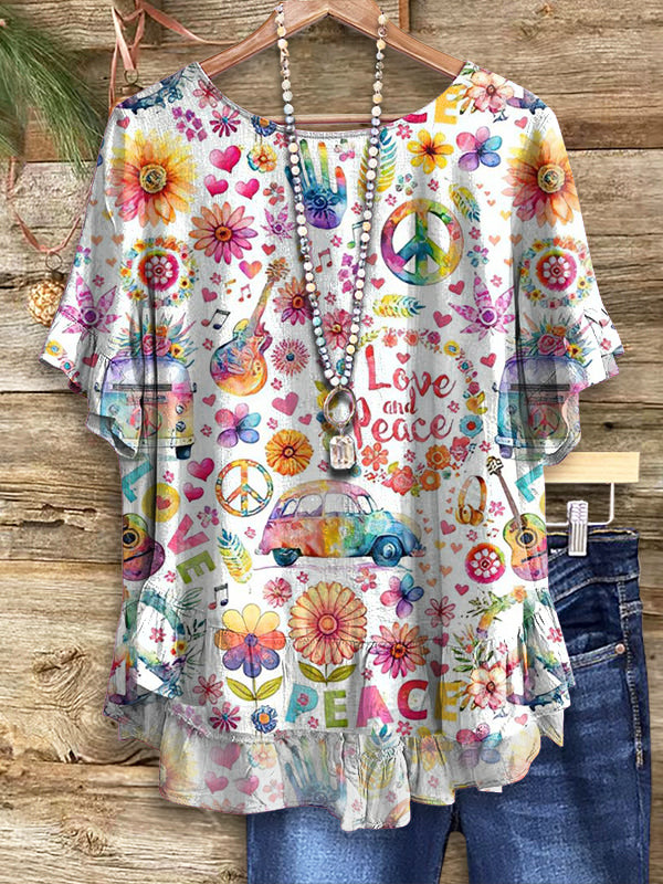 Women's Hippie Pattern Art Print Casual Cotton Linen Short Sleeve Shirt