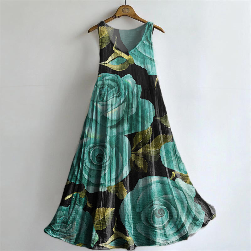 Women's Floral Art Print Round Neck Sleeveless Cotton Pocket Dresses