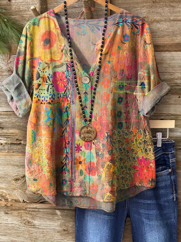 Women's Vintage Watercolor Flower Collage Art Print Casual Cotton Linen Shirt