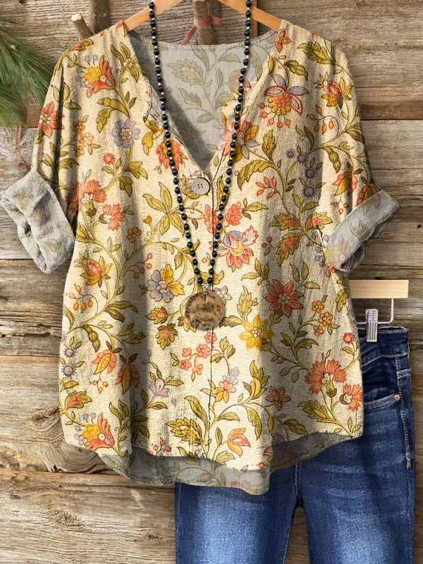 Women's Folk Floral Pattern Print Casual Cotton Linen Shirt