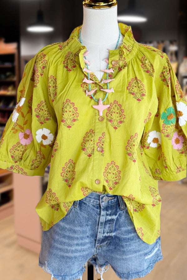 Floral Print Embroidered Puff Sleeve Top