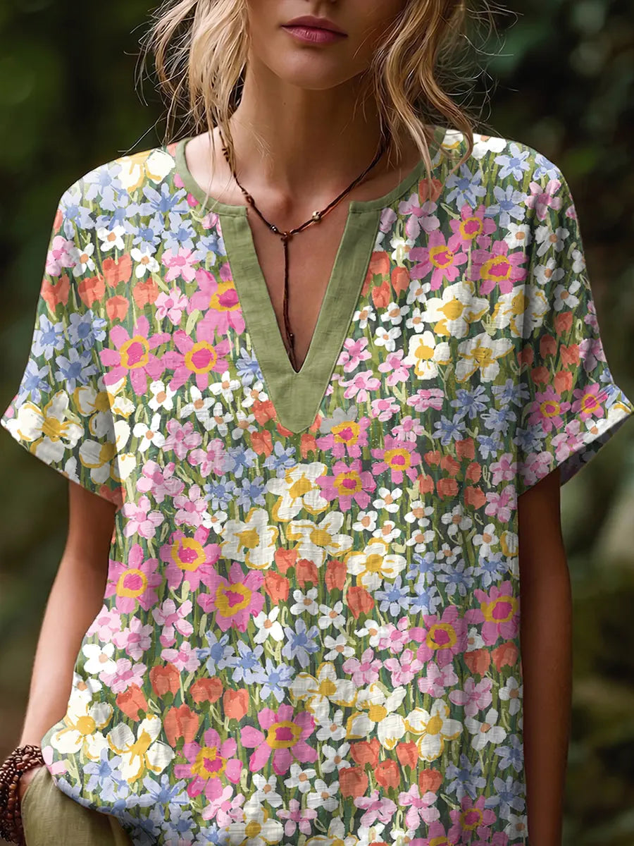 Ethnicity Bohemia Flowers Women's Art Print Casual Short-sleeve V-neck Cotton Linen Shirt