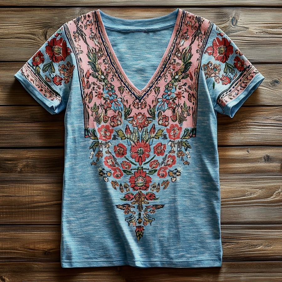 Women's Ethnic Totem Floral Art Print V-Neck Cotton T-Shirt