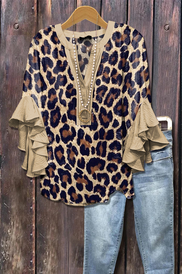 Elegant Leopard Print Ruffle Sleeve Top
