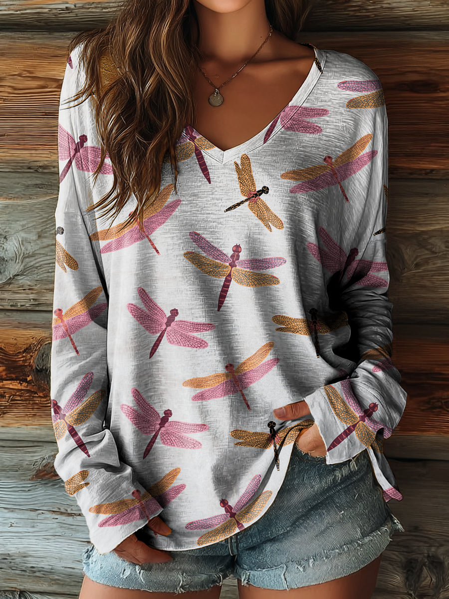 Women's Vintage Dragonfly Pattern Art Print V-neck Cotton T-shirt