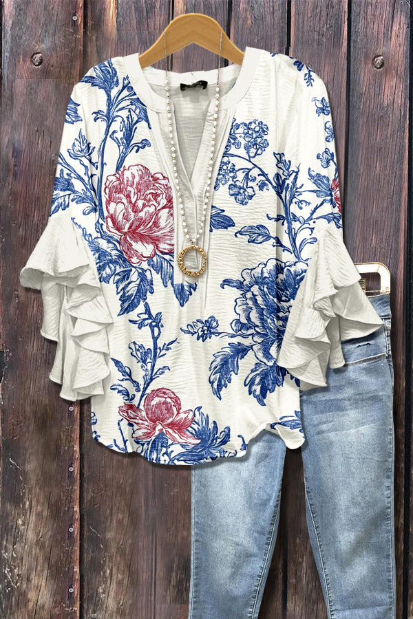 Art Floral Print Ruffle Sleeve Top