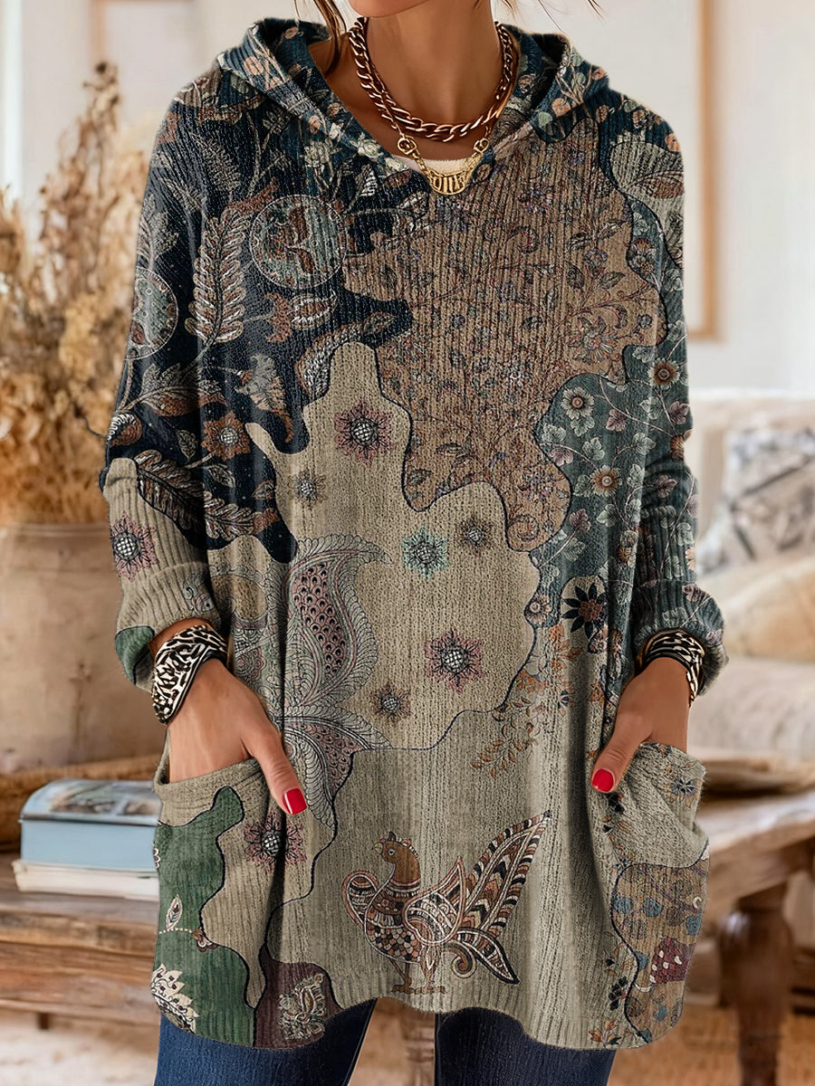 Women's Retro Floral Art Print Casual Long-Sleeved Hooded Cotton Knit Sweater