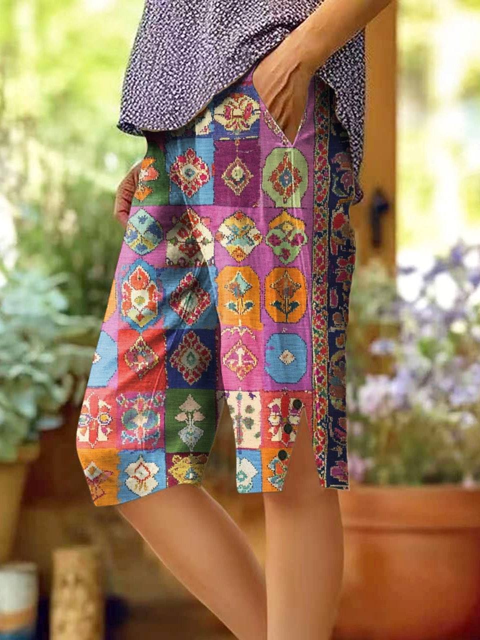 Women's Retro Folk Colorful Totem Art Print Casual Cotton and Linen Pants