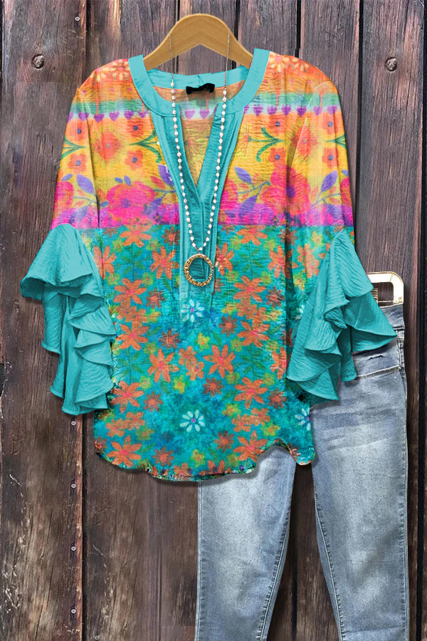 Elegant Boho Floral Print Ruffle Sleeve Top