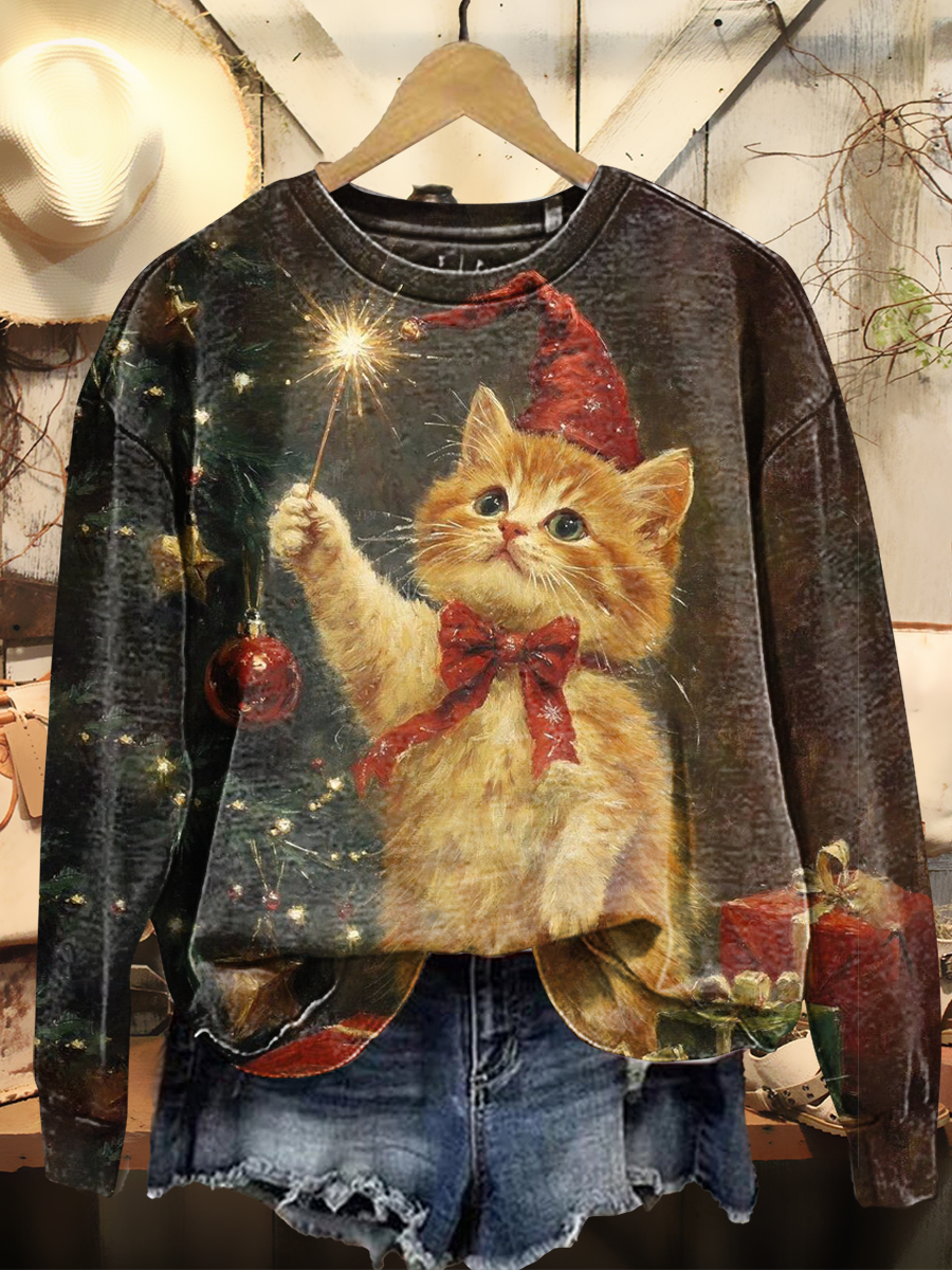 Women's Retro Fun Christmas Art Print Casual Long Sleeve Crew Neck Sweatshirt