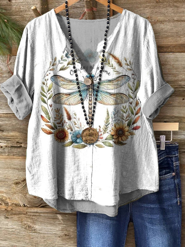 Women's Dragonfly Floral Pattern Art Print Casual Cotton Linen Shirt