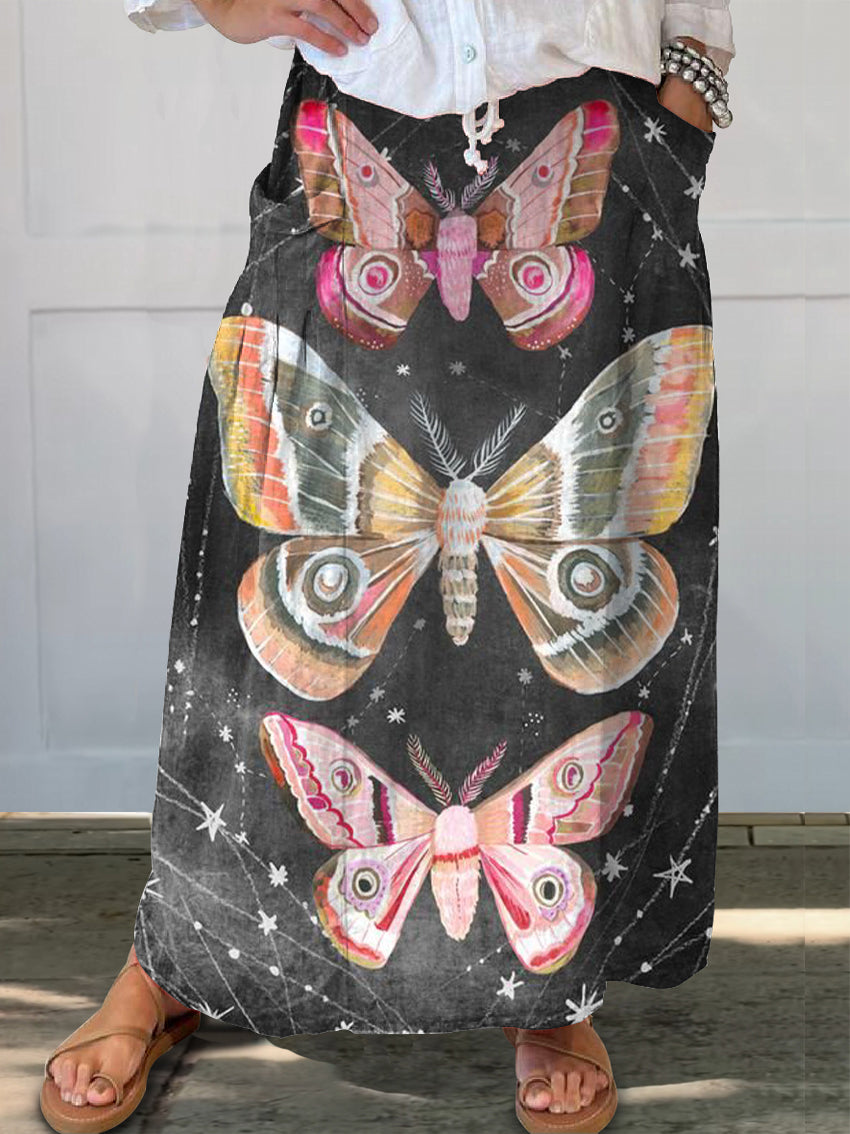 Women's Hippie Butterfly Art Print Linen Pocket Skirt