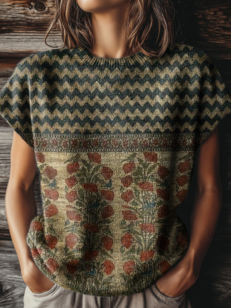 Women's Vintage Bohemian Floral Art Print Casual Crew Neck Short Sleeve Knitted Sweater
