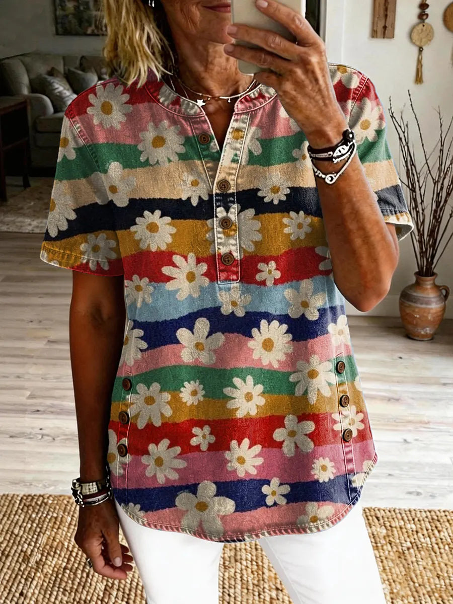 Ethnicity Colorful Stripes Flowers Women's Art Print Casual Short-sleeve Washed Shirt