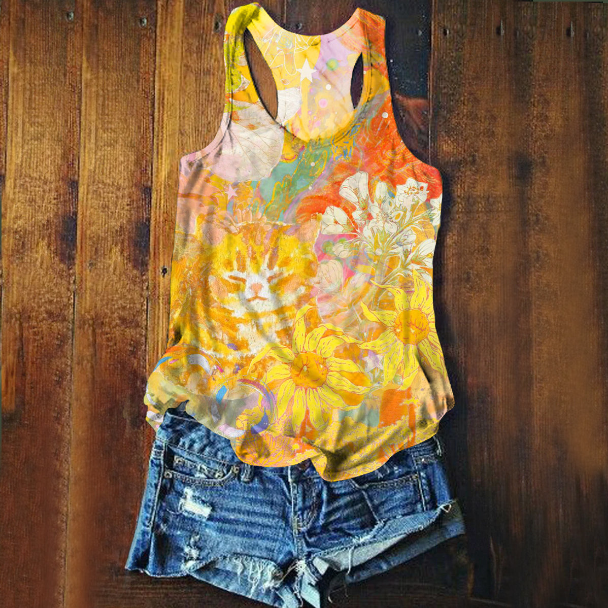 Women's Colorful Floral Cat Art Print Tank Top