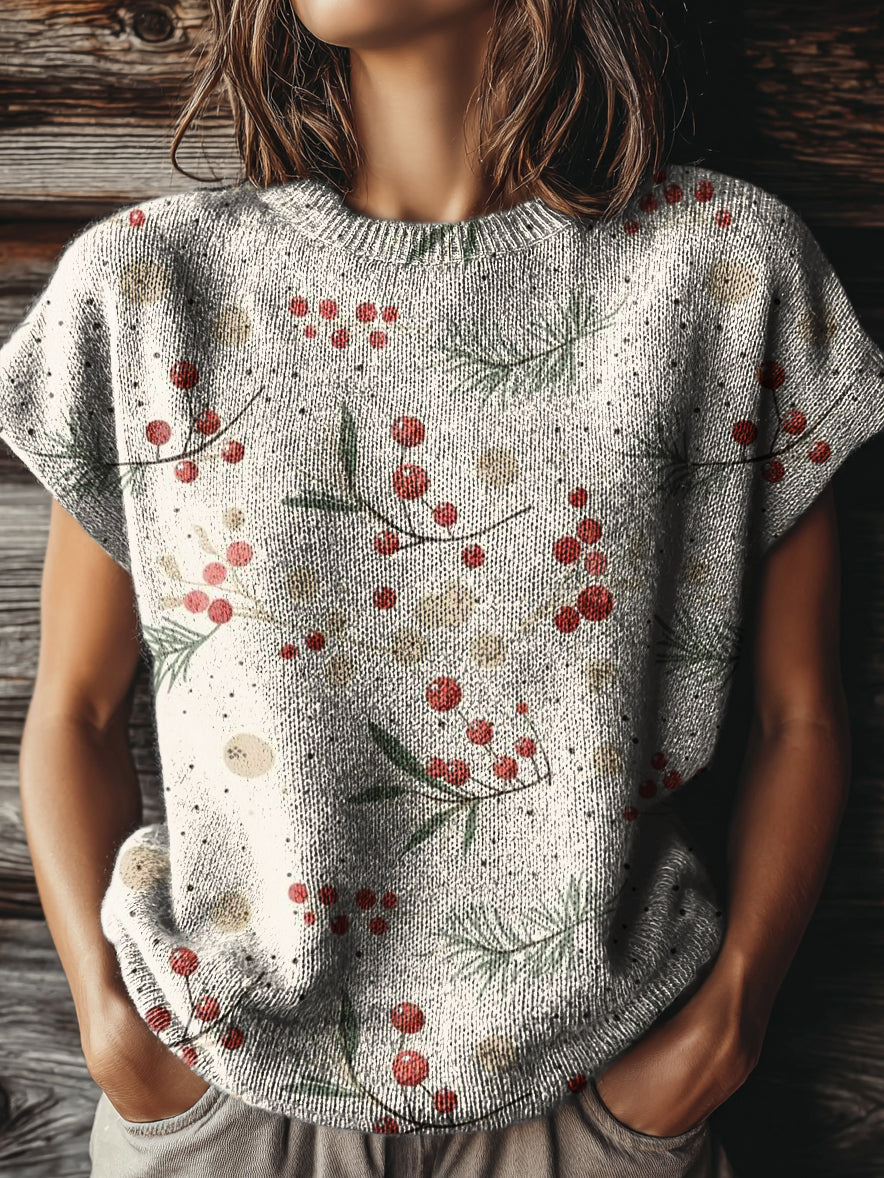 Women's Vintage Floral Art Print Casual Crew Neck Short Sleeve Knitted Sweater
