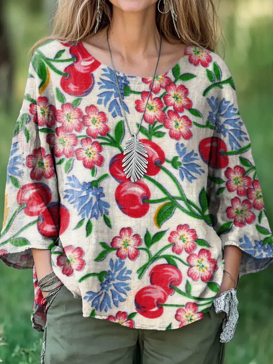 Women's Retro Floral Totem Print Casual Cotton And Linen Shirt