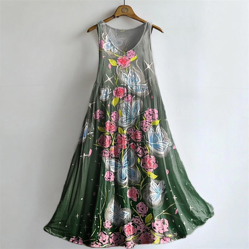 Women's Butterfly Floral Pattern Art Print Round Neck Sleeveless Cotton Pocket Dress
