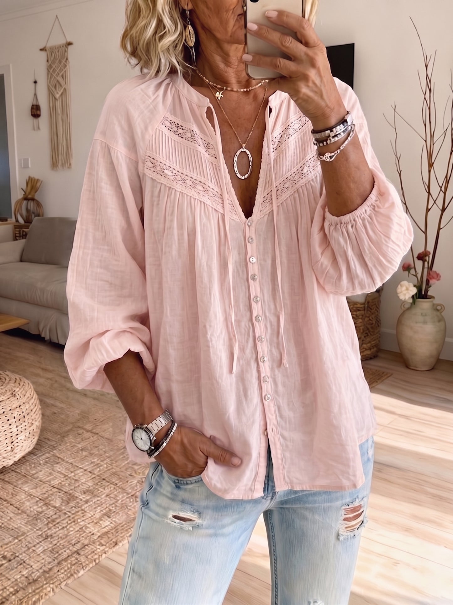 Women's Vintage Art Print Casual Lace Edge Cotton And Linen Shirt