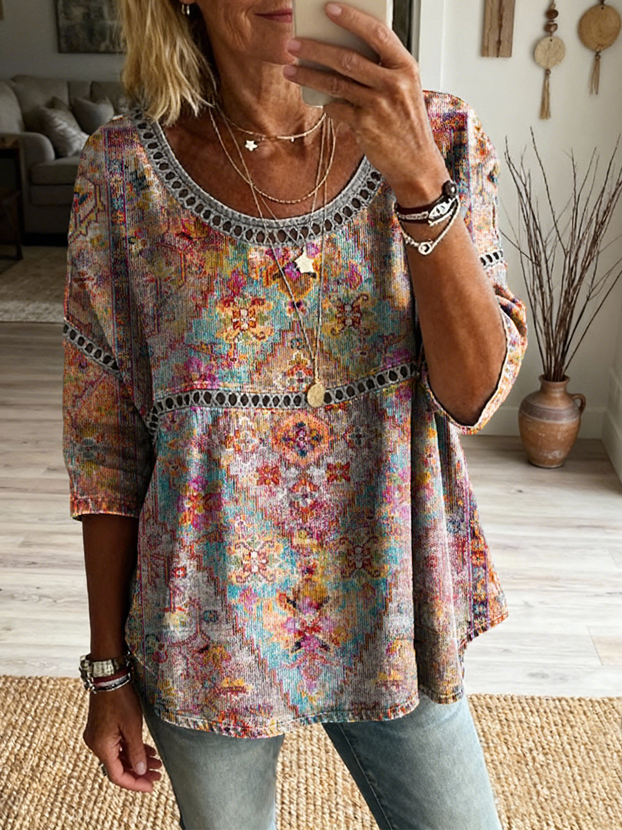 Women's Retro Colorful Ethnic Totem Art Print Casual Round Neck Hollow-out Cotton Linen Top