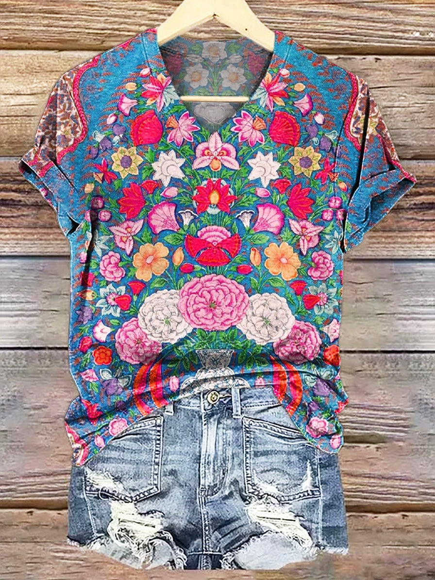 Women's Folk Floral Art Print Casual V-neck Cotton T-shirt