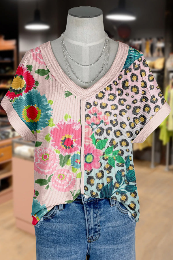 Contrast Leopard Print Short Sleeve T-Shirt