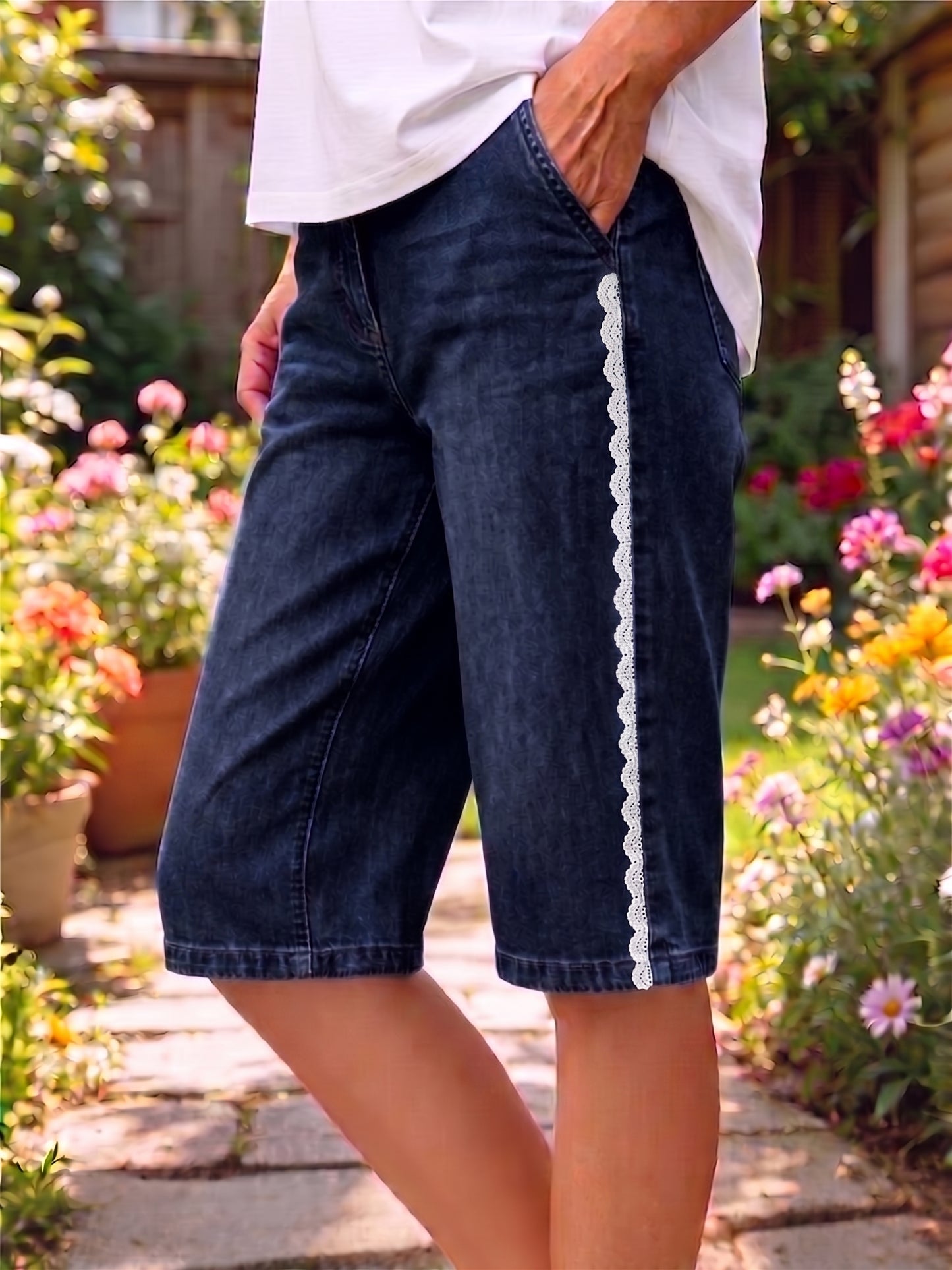 Women's Art Print Casual Cotton Denim Lace Edge Pants