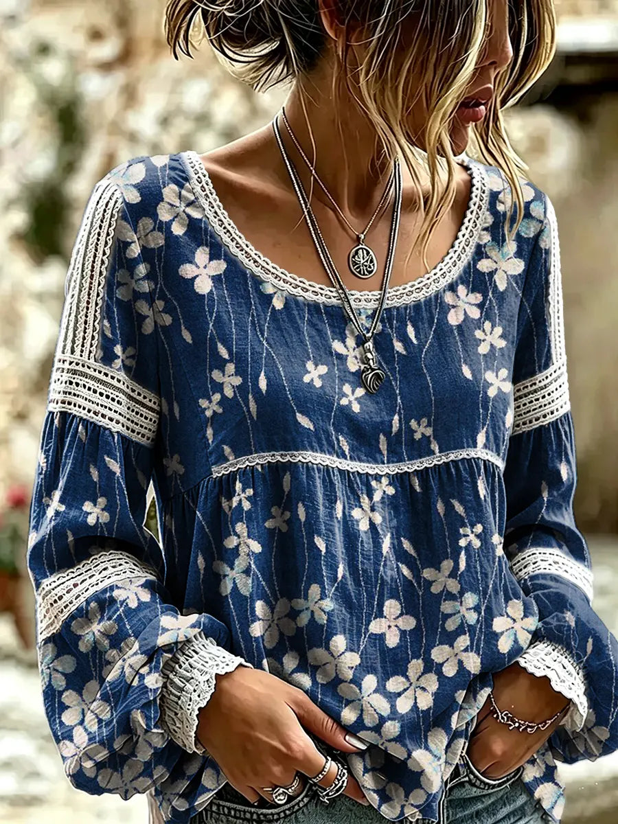 Ethnicity Flowers Geometry Women's Art Print Casual Lace Print Blouse Shirt