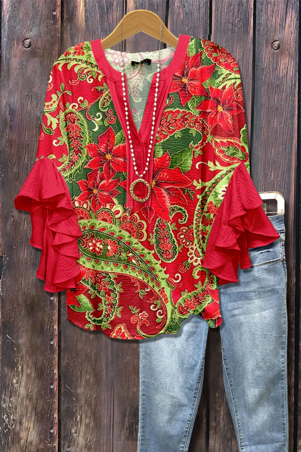 Floral Paisley Print Ruffle Sleeve Top