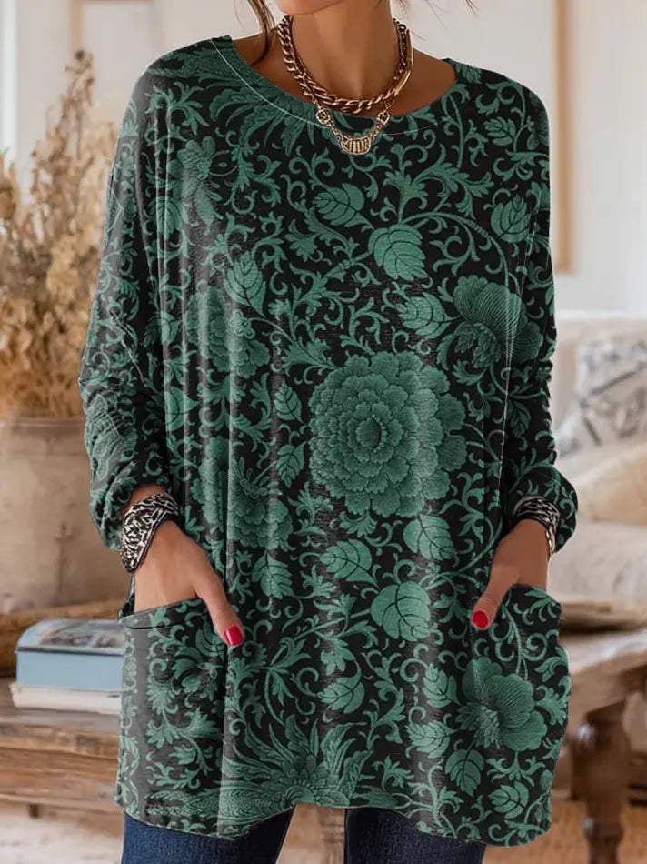 Women's Vintage Floral Art Print Casual Long-Sleeve T-Shirt