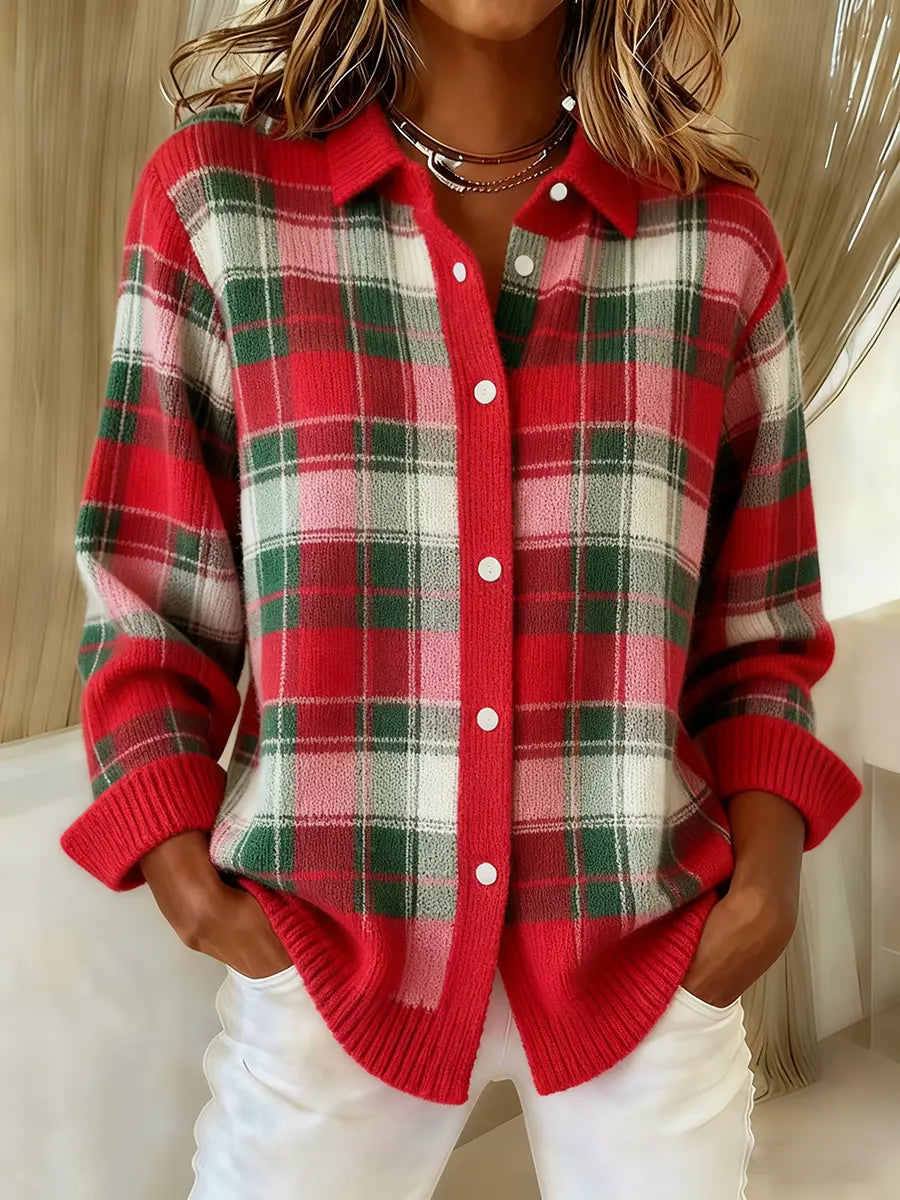 Women's Christmas Plaid Art Print Knit Cardigan