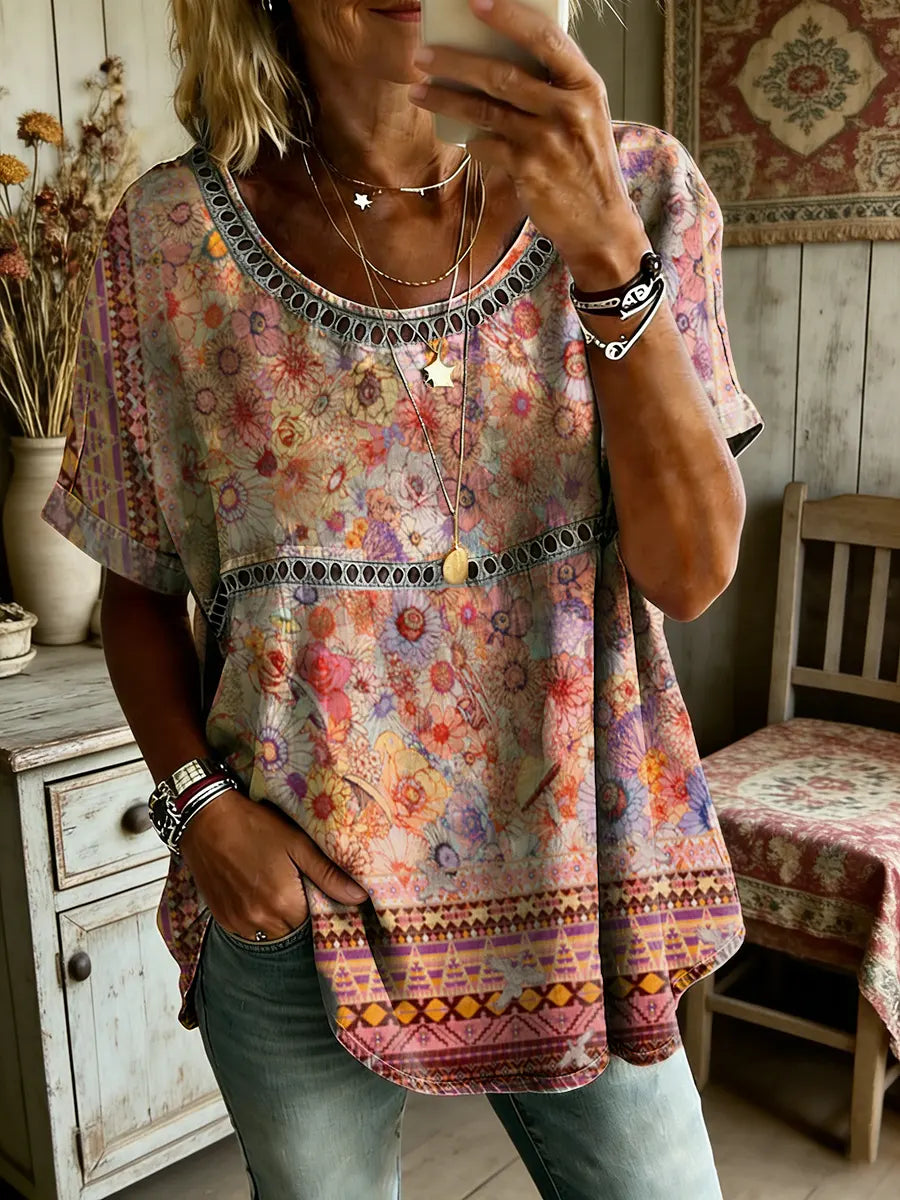 Women's Folk Floral Art Print Round Neck Short Sleeve Hollow-Out Shirt