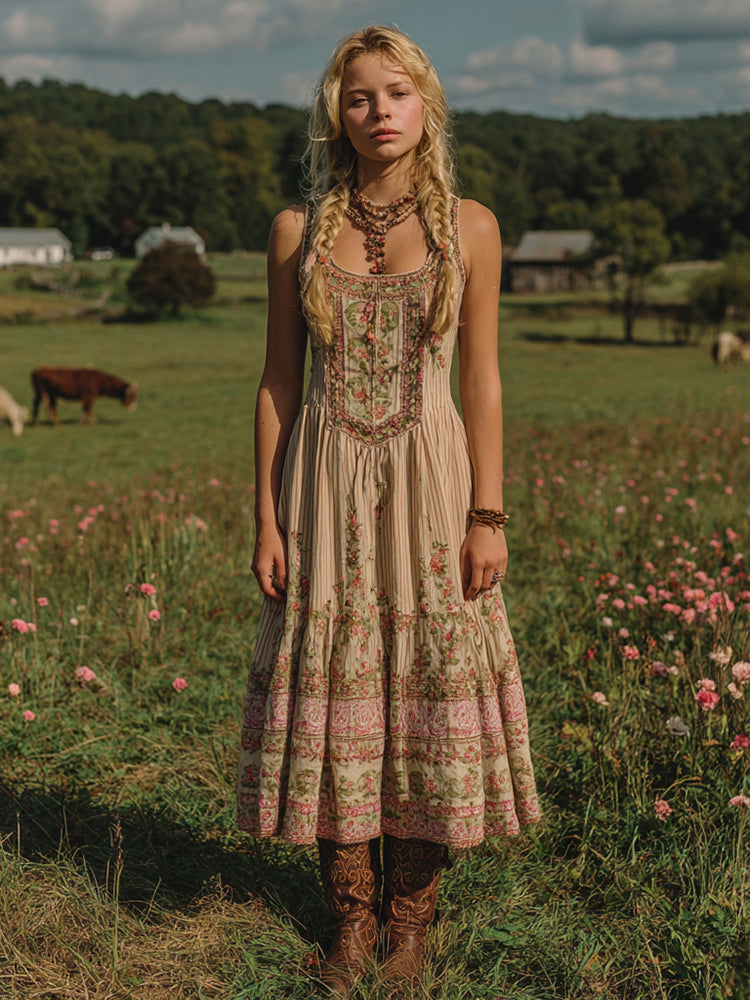 Vintage Pink Floral Linen Tank Midi Dress