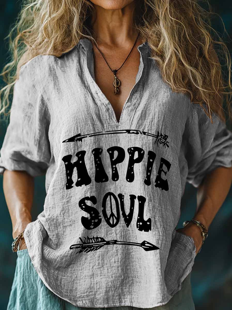 Women's Hippie Soul Print Casual Linen V-neck Shirt